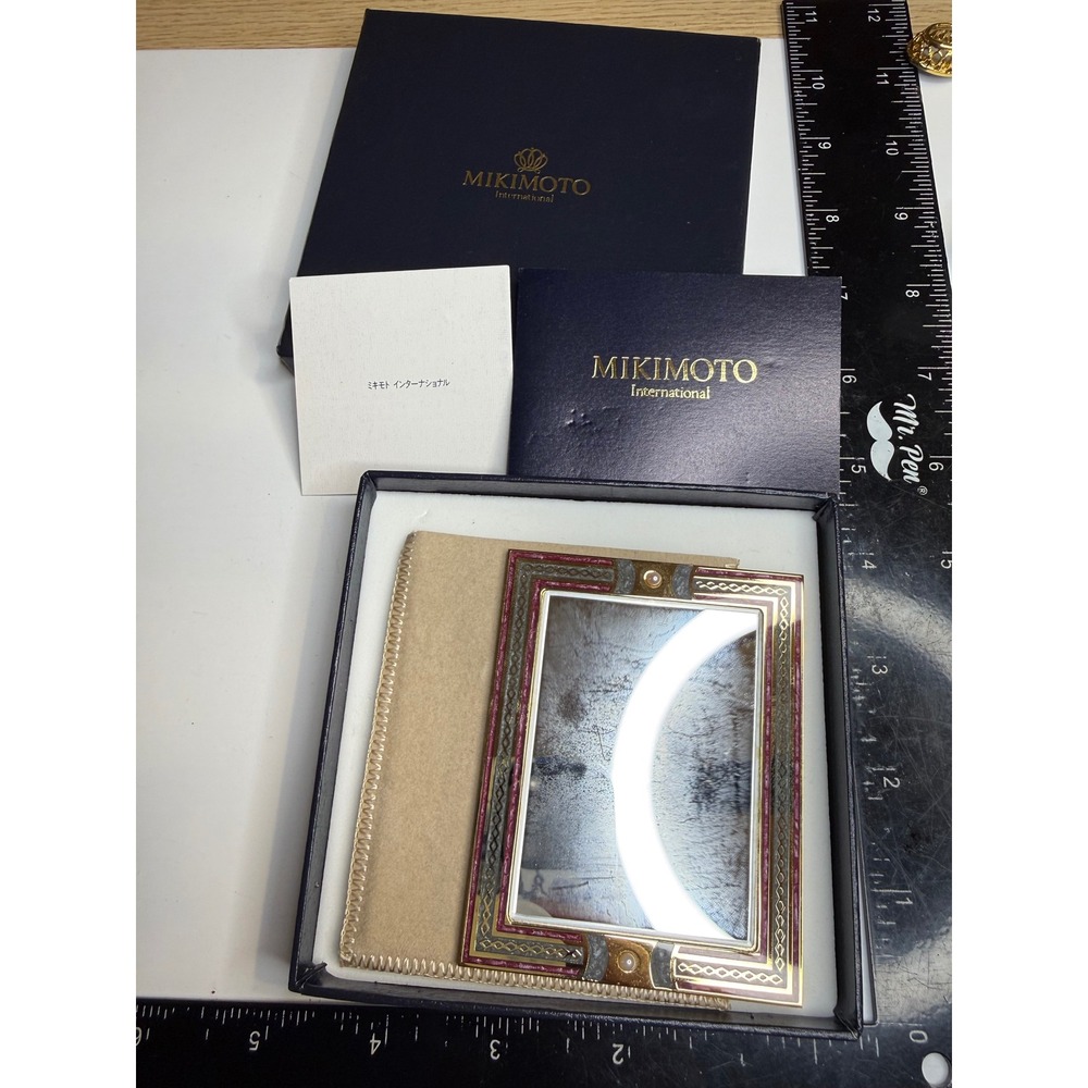 Mikimoto International Gold Tone Pearl Enamel Pocket Mirror with Box & Sleeve